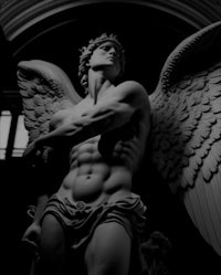 a statue of an angel in black and white